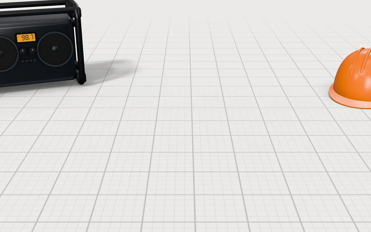 Illustration of the 5 radio headphones to scale, next to a jobsite radio and a hard hat for size