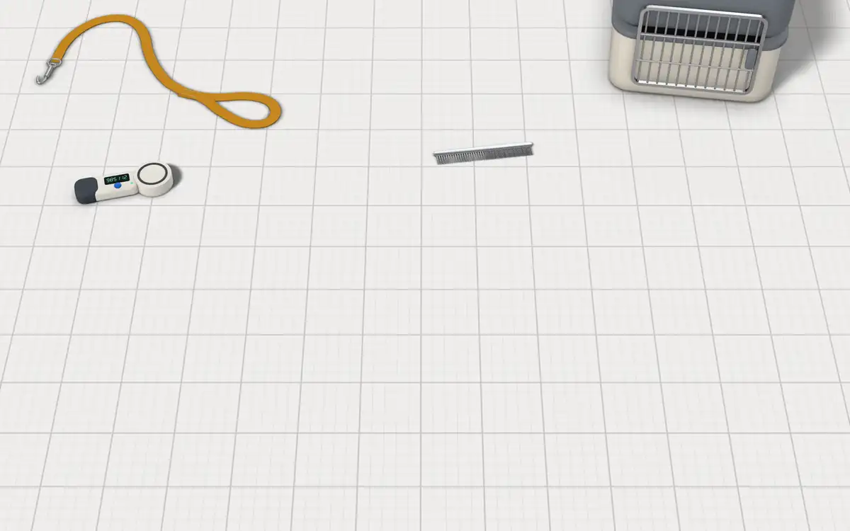 Illustration of the 5 animal handling gloves to scale, next to a pet carrier, a leash, a grooming comb and a microchip scanner for size