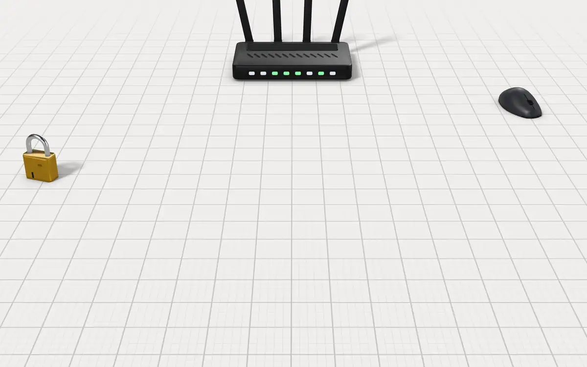 Illustration of the 5 antivirus software retail packs to scale, next to a Wi-Fi router, a brass padlock and a computer mouse for size
