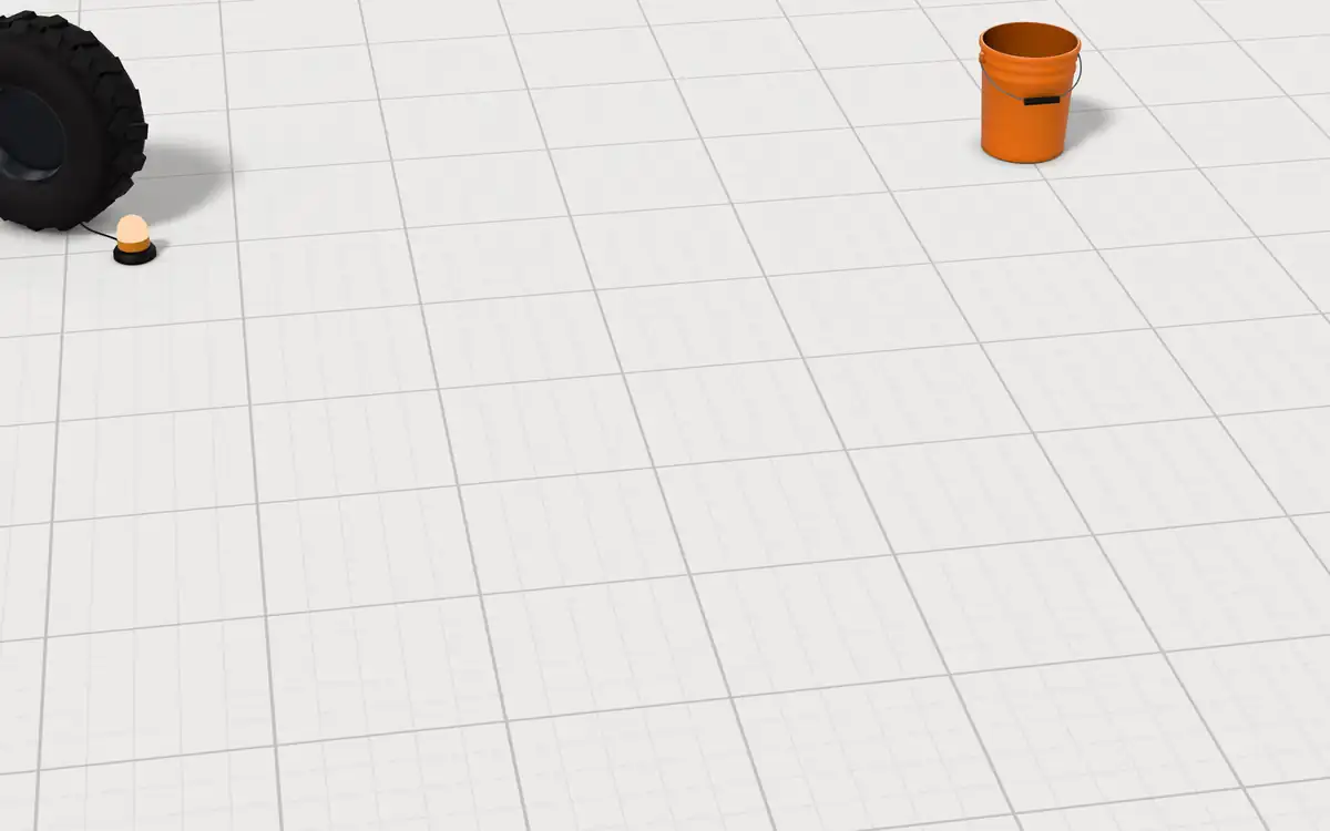 Illustration of the 5 ATV baskets to scale, next to an ATV tire, a 5-gallon bucket and an amber LED beacon for size