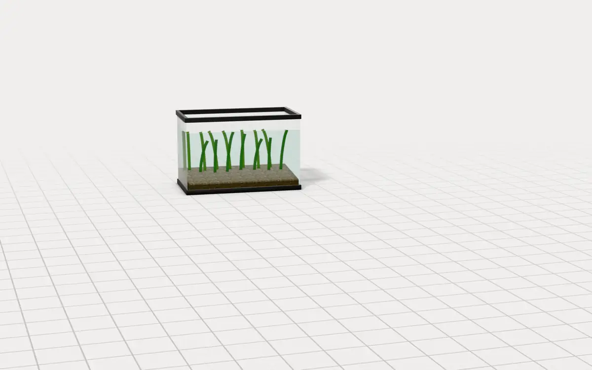 Illustration of the 5 automatic fish feeders to scale, next to a small planted aquarium for size