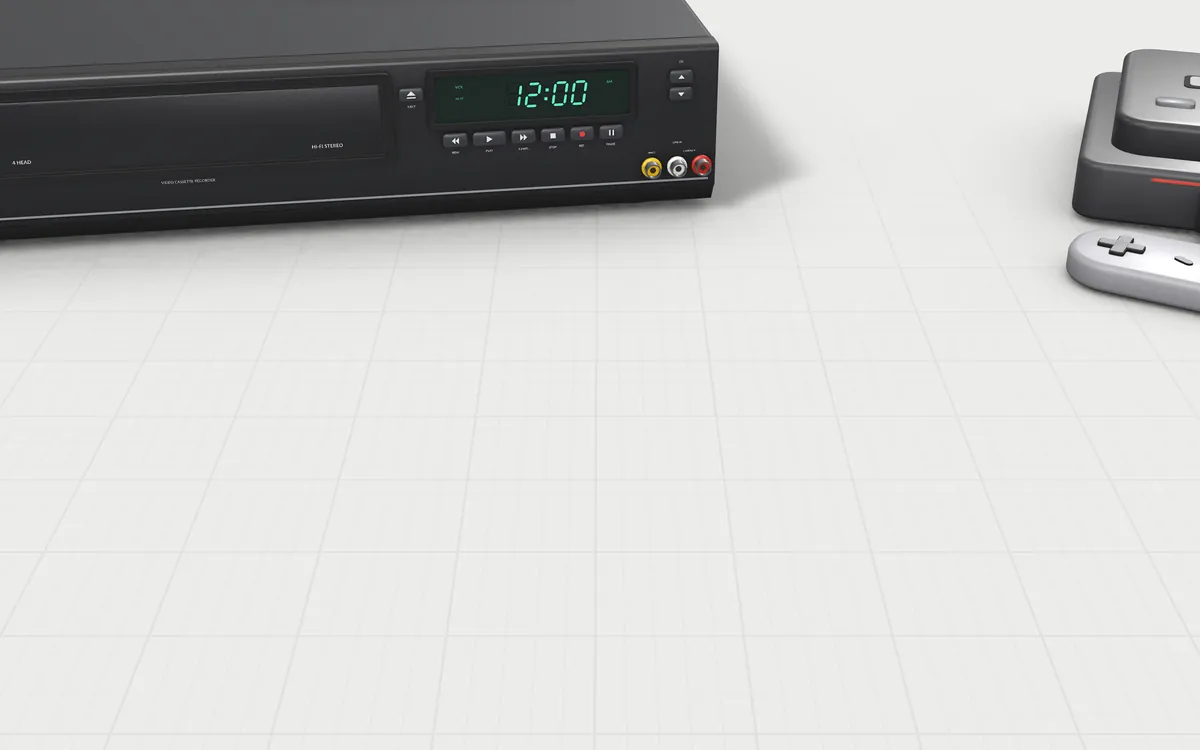 Illustration of the 5 converters to scale, next to a VHS deck and a game console for size