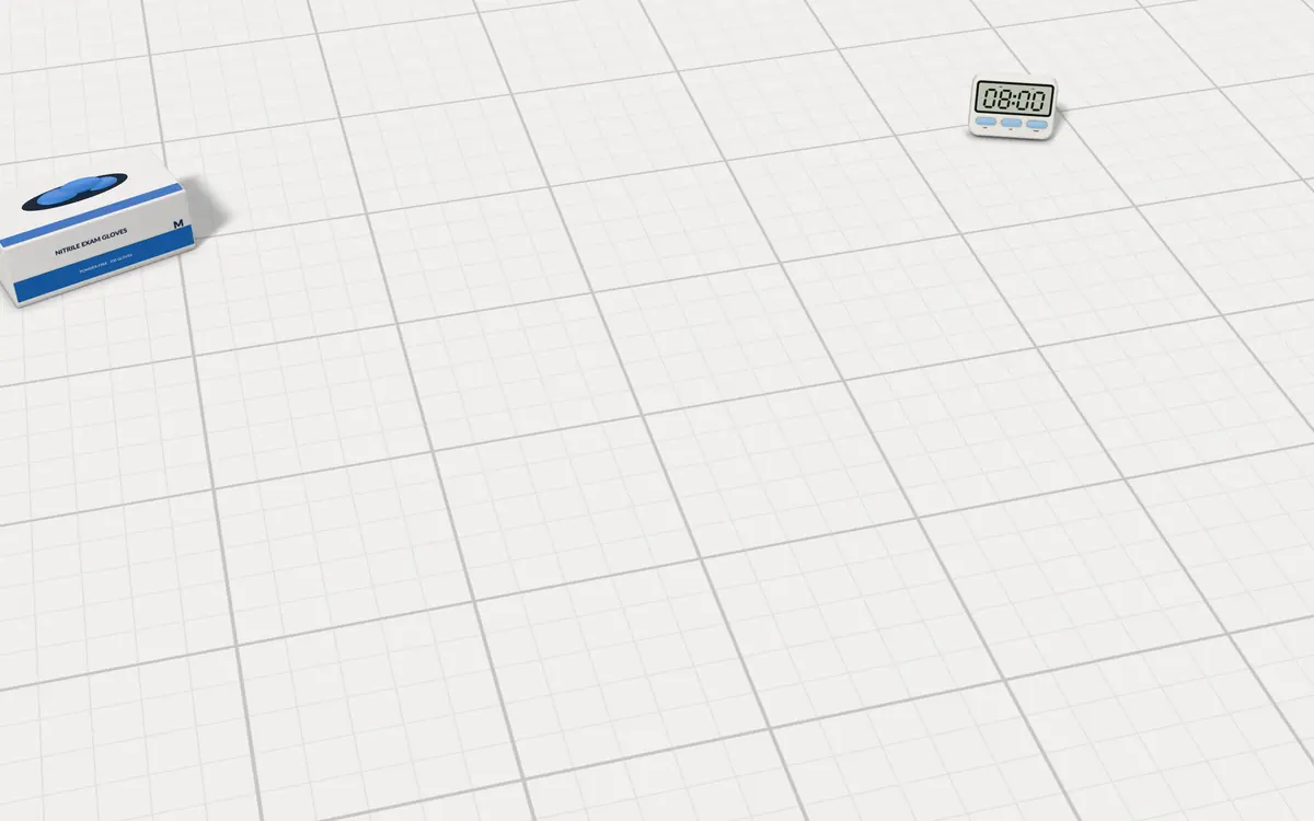 Illustration of the 5 bedpans to scale, next to a reminder timer and a box of exam gloves for size