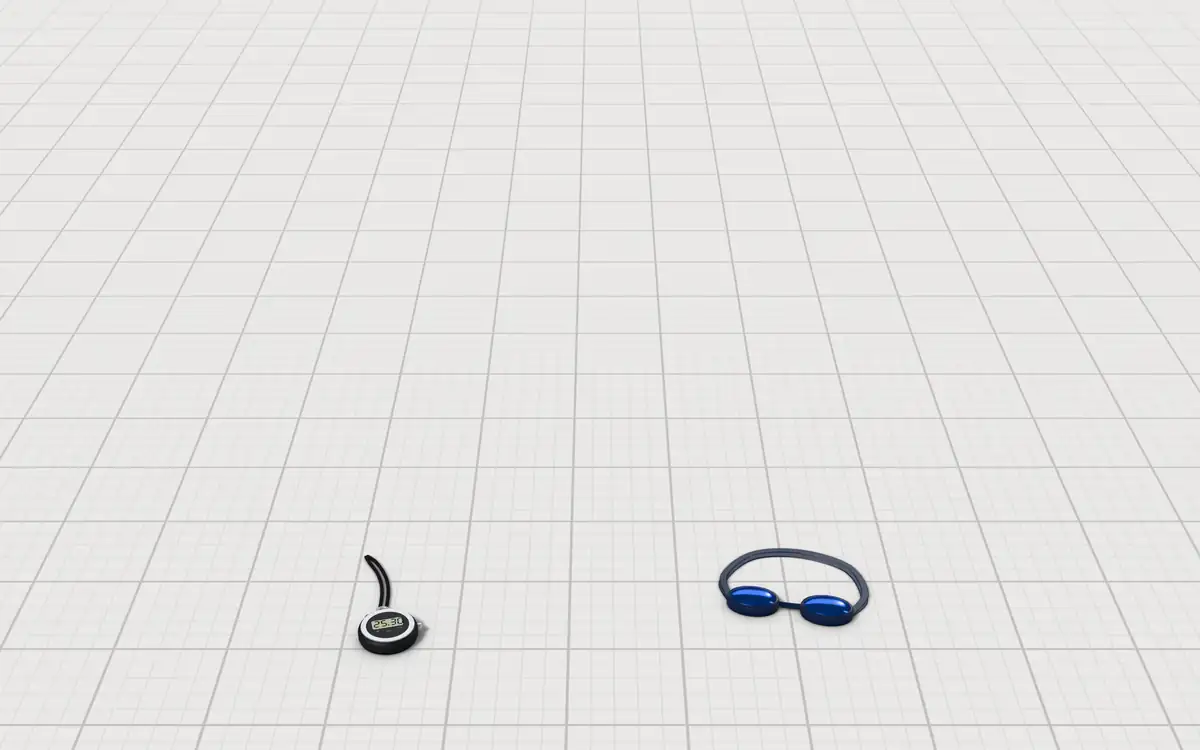 Illustration of the 5 five pool flotation belts: foam rings, a fabric-covered band, a vinyl crescent and a foam slab to scale, next to a coach's stopwatch and swim goggles for size