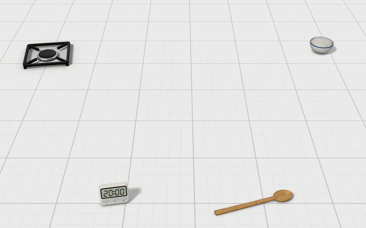 Illustration of the 5 calderos to scale, next to a kitchen timer, a wooden spoon, a bowl of rice and a stove burner for size