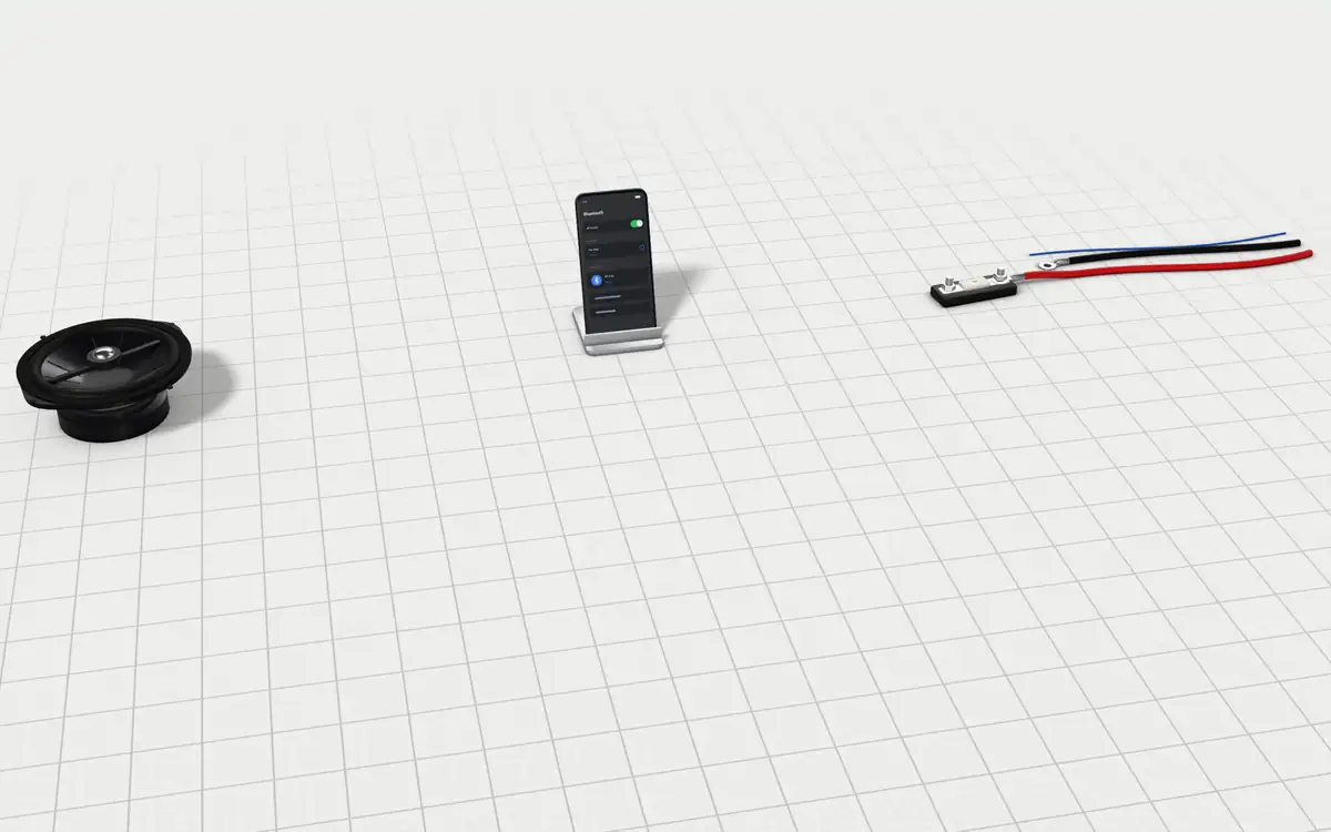 Illustration of the 5 Bluetooth car amplifiers to scale, next to a phone pairing over Bluetooth, a car speaker and an amp wiring kit for size