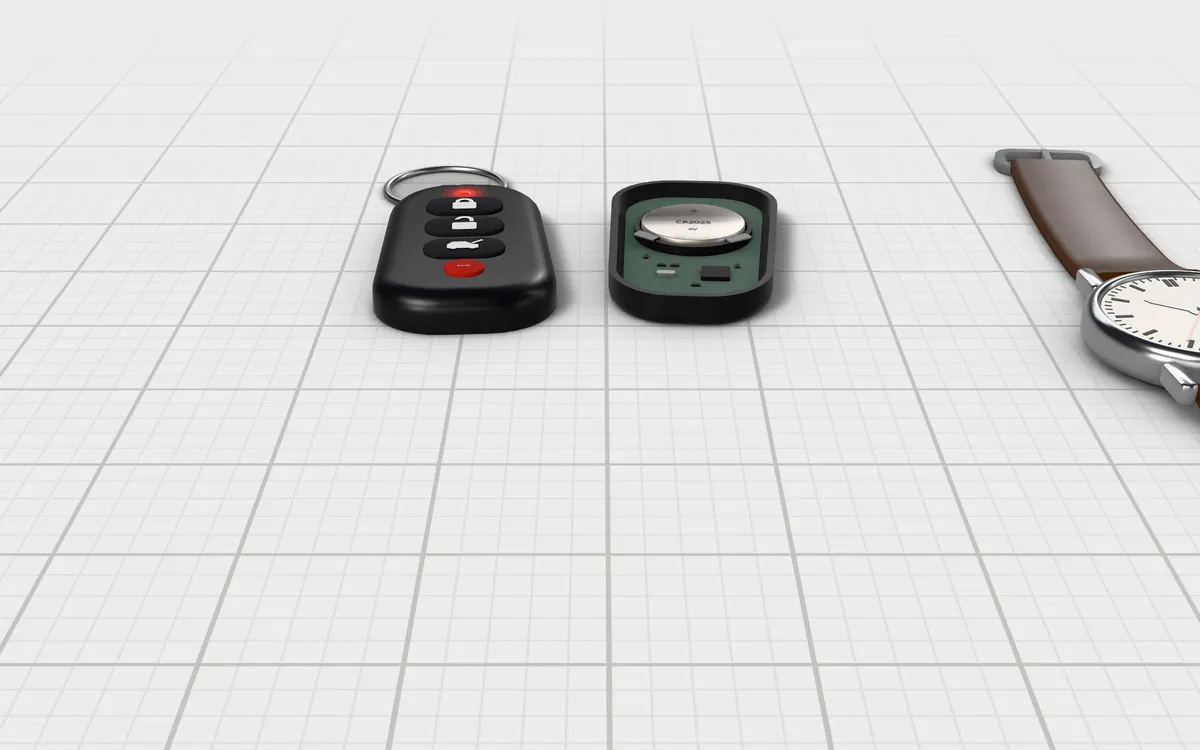 Illustration of the 5 batteries to scale, next to a car key fob and a watch for size