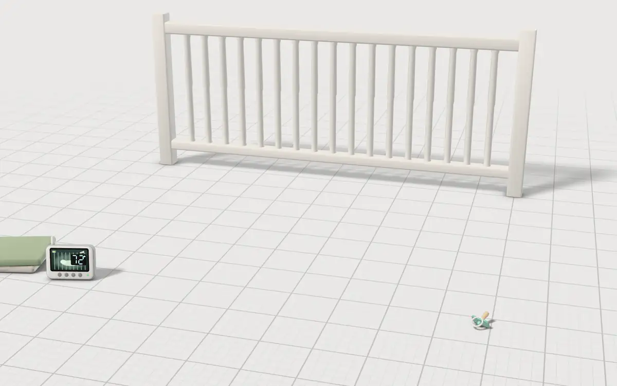 Illustration of the 5 baby crib toys to scale, next to a white crib side, a video baby monitor, folded muslin swaddles and a pacifier for size
