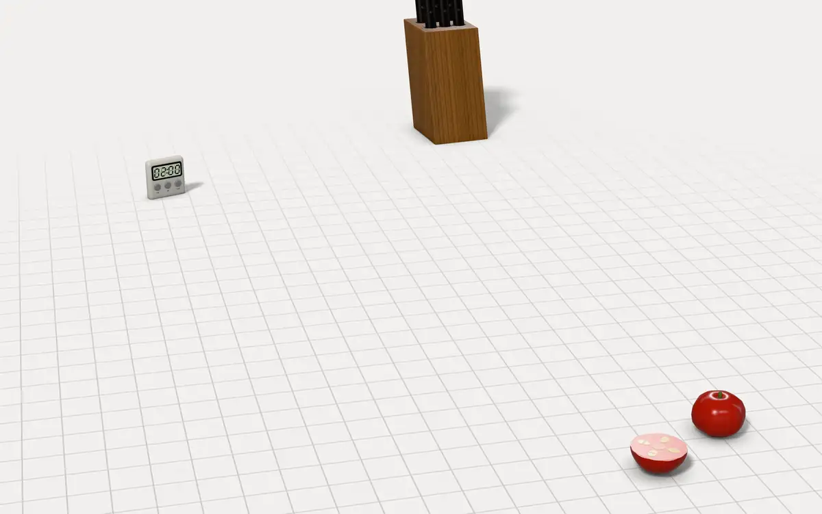 Illustration of the 5 electric knife sharpeners to scale, next to tomatoes, a kitchen timer and a knife block for size