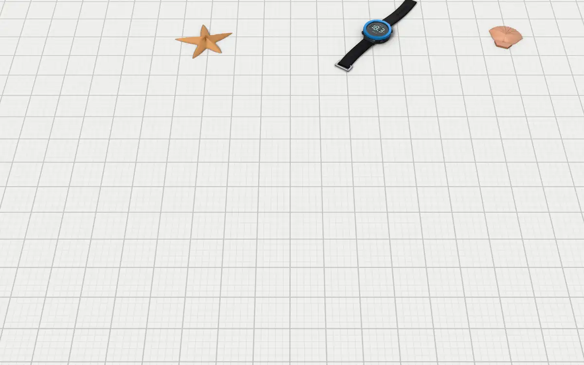 Illustration of the 5 floating camera wrist straps, a floating hand grip and a padded float band to scale, next to a wrist dive computer, a scallop shell and a starfish for size