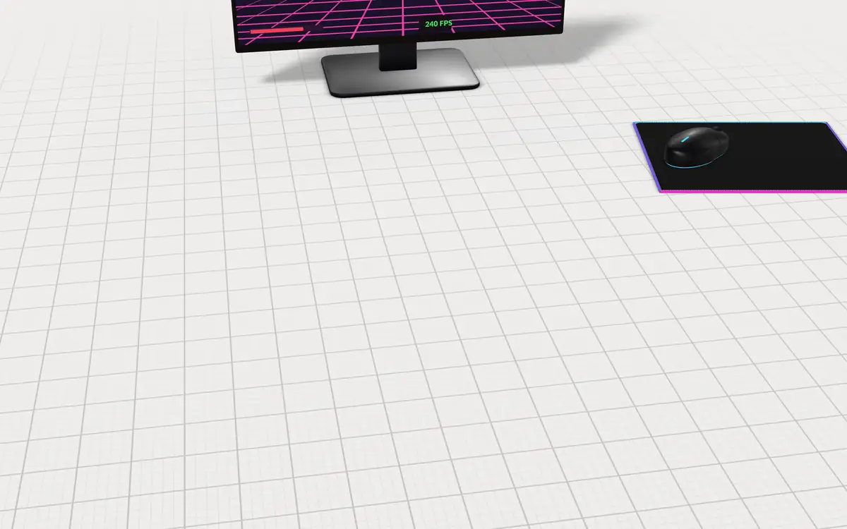 Illustration of the 5 gaming keypads to scale, next to a gaming monitor and a mouse on a lit desk mat for size