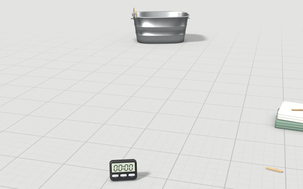 Illustration of the 5 hand wringers to scale, next to a galvanised wash tub, folded towels and a laundry timer for size