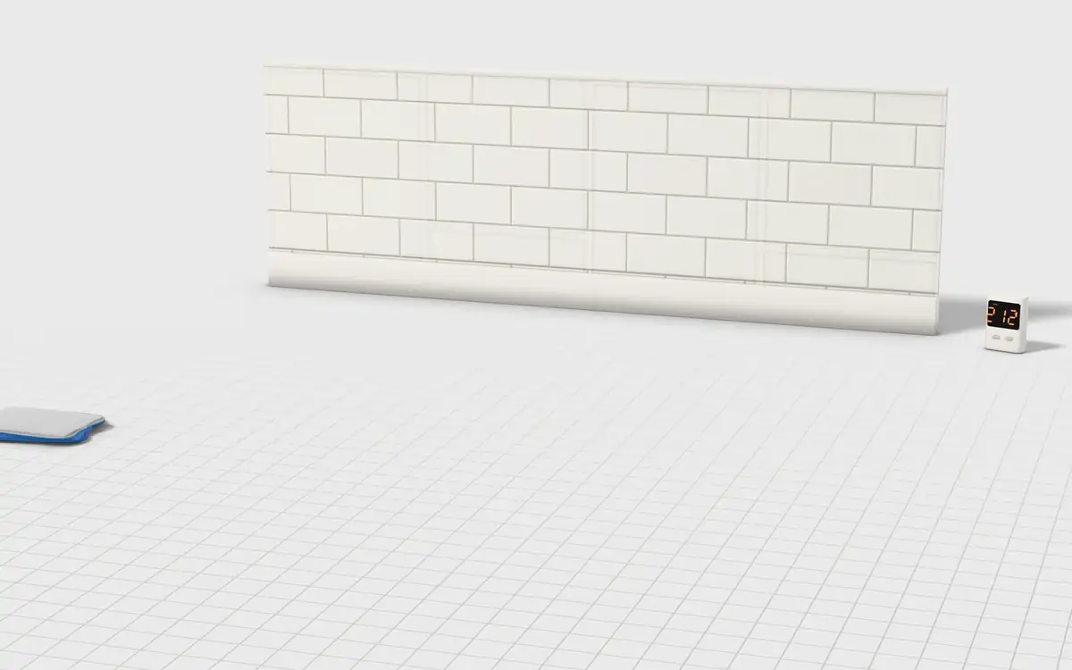 Illustration of the 5 handheld steam cleaners to scale, next to a white subway-tile wall, folded microfiber cloths and a digital thermometer for size