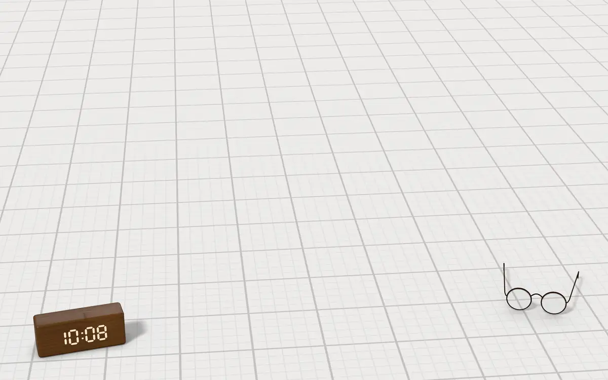 Illustration of the 5 hardcover desk dictionaries to scale, next to a walnut LED desk clock and reading glasses for size