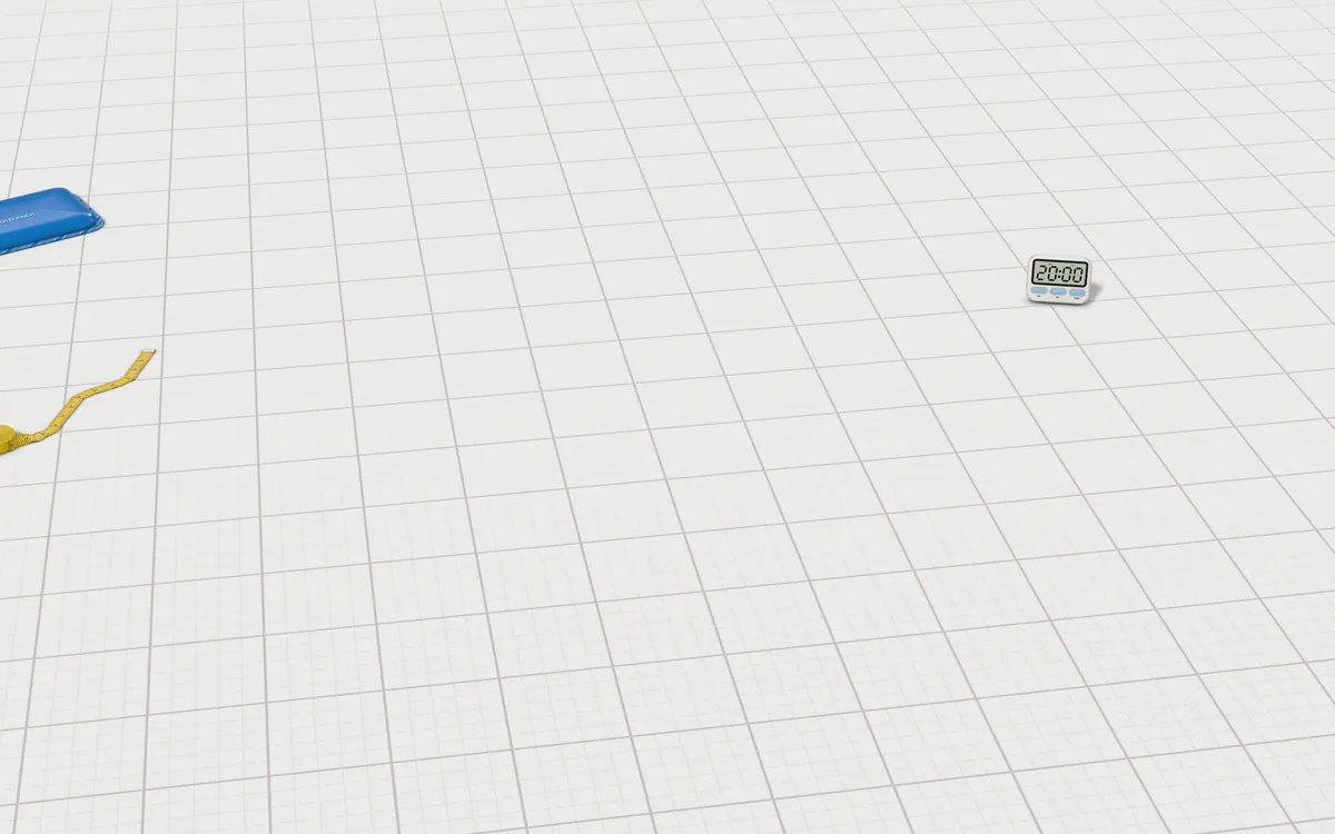 Illustration of the 5 hernia belts to scale, next to a tailor's tape measure, a cold pack and a reminder timer for size