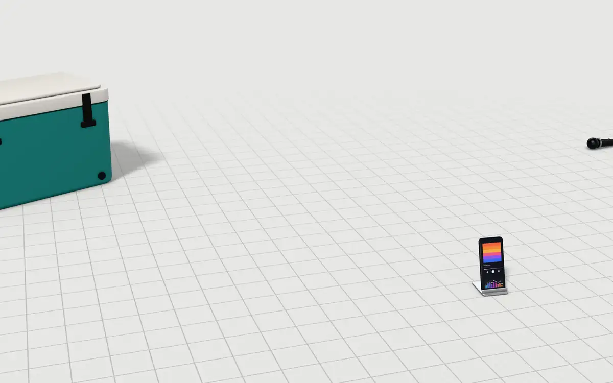 Illustration of the 5 ION party speakers to scale, next to a hard cooler, a phone playing music and a karaoke microphone for size