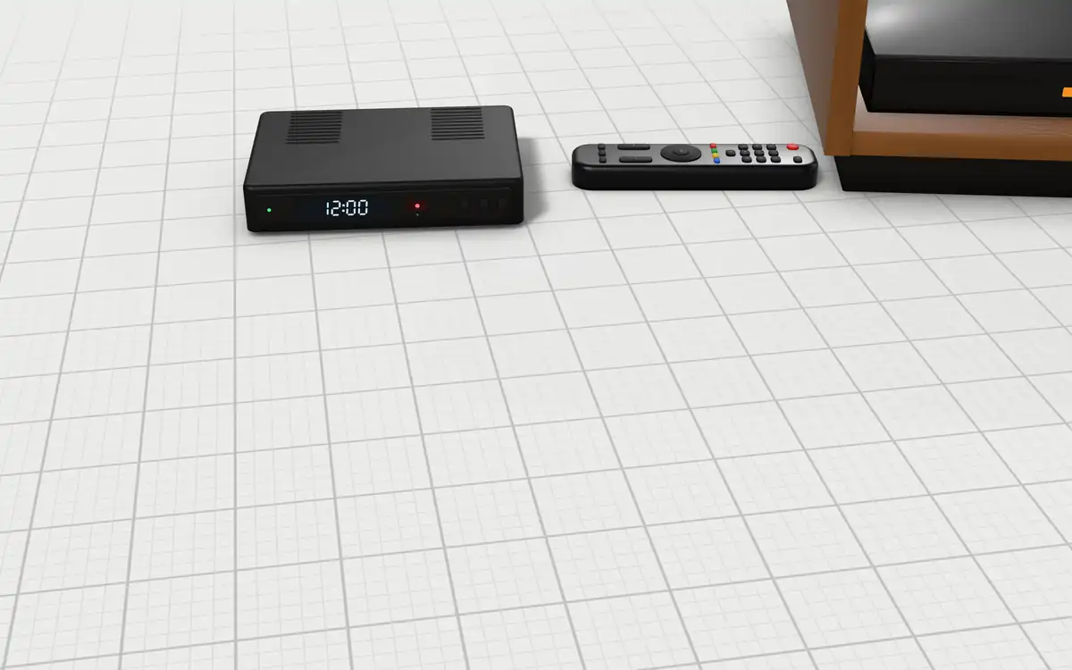 Illustration of the 5 IR remote extenders to scale, next to a cable box, a TV remote and a media cabinet for size
