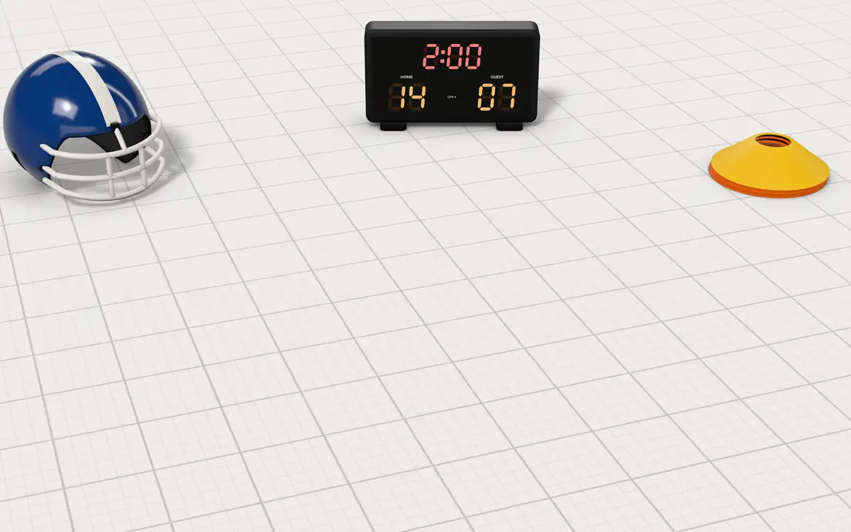 Illustration of the 5 junior footballs to scale, next to a youth football helmet, a tabletop scoreboard, a coach's stopwatch and practice disc cones for size