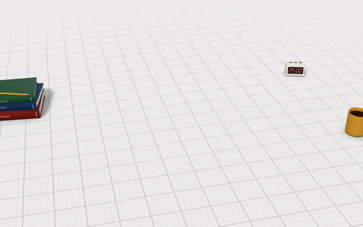 Illustration of the 5 student laptops to scale, next to a stack of textbooks, a study timer and a coffee mug for size