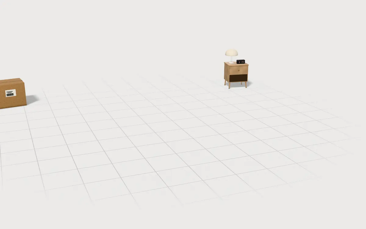 Illustration of the 5 mattresses to scale, next to a nightstand with a blinking alarm clock and a mattress shipping box for size