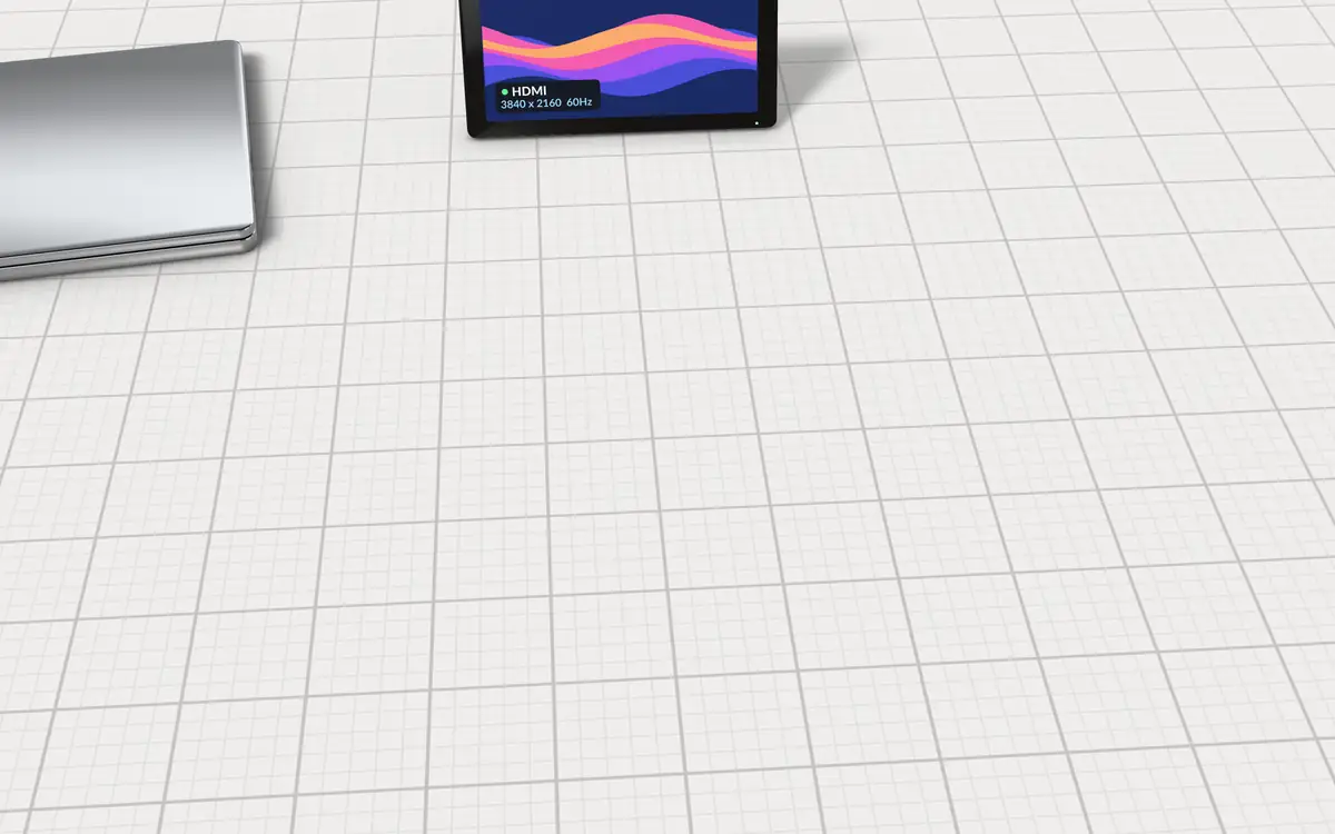 Illustration of the 5 mini DisplayPort to HDMI adapters and cables to scale, next to a small HDMI monitor showing a 4K 60 Hz input and a closed laptop for size