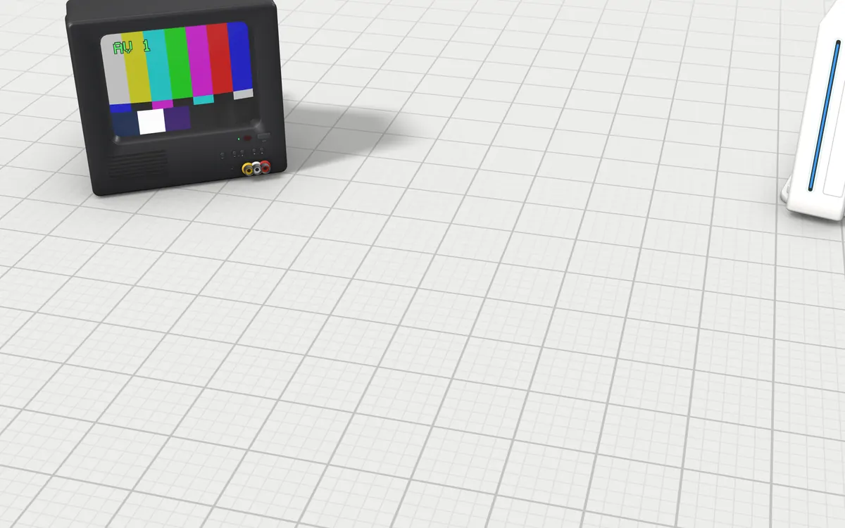 Illustration of the 5 Wii controllers to scale, next to a small tube TV and a slim disc console for size