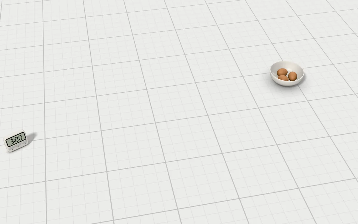 Illustration of the 5 nonstick frying pans without Teflon to scale, next to a digital kitchen timer and a bowl of brown eggs for size