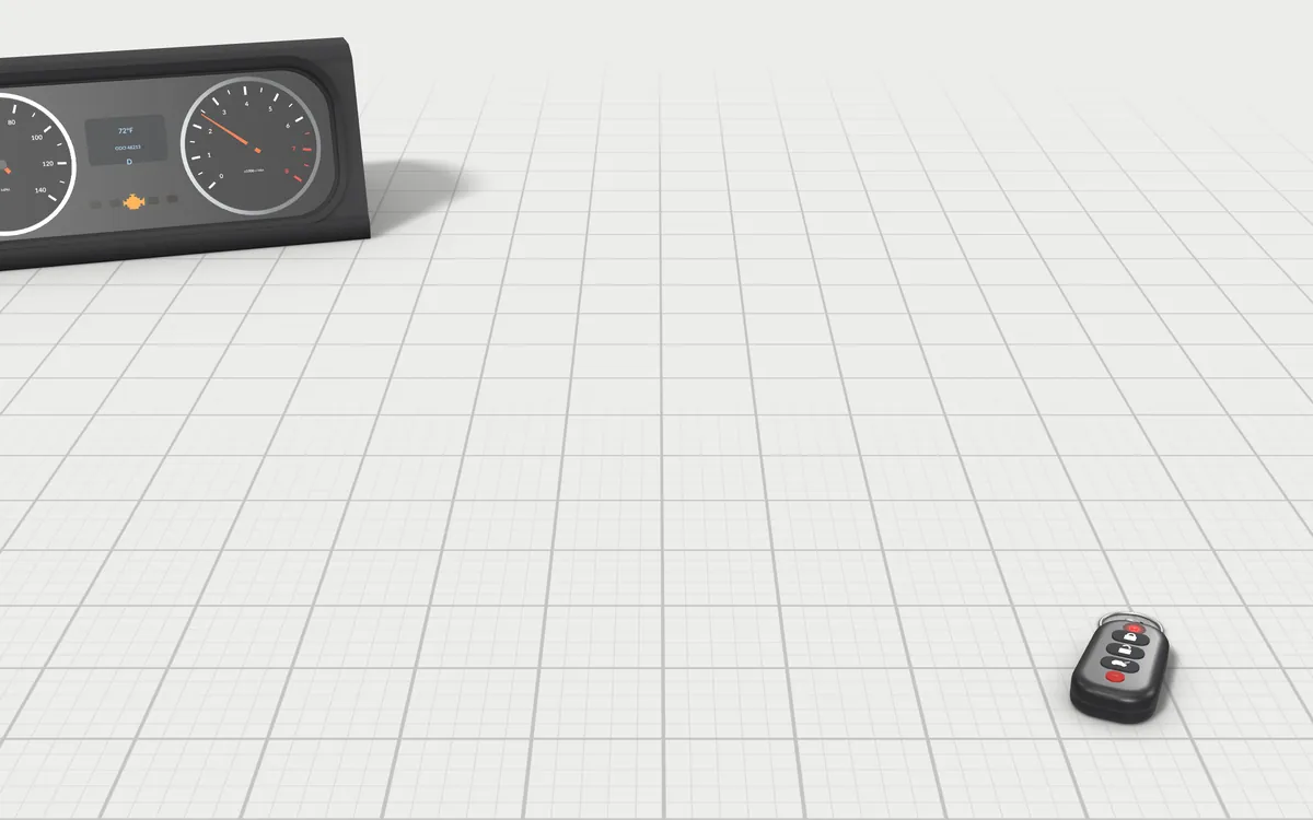Illustration of the 5 OBD2 gauge displays to scale, next to a piece of a car's instrument cluster and a car key fob for size