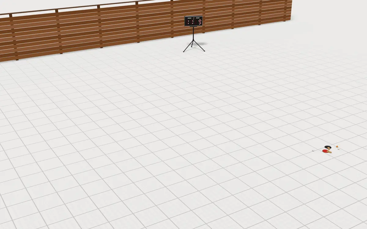 Illustration of the 5 outdoor ping-pong tables to scale, next to an LED scoreboard, a boxwood planter, paddles and balls, and a cedar fence for size