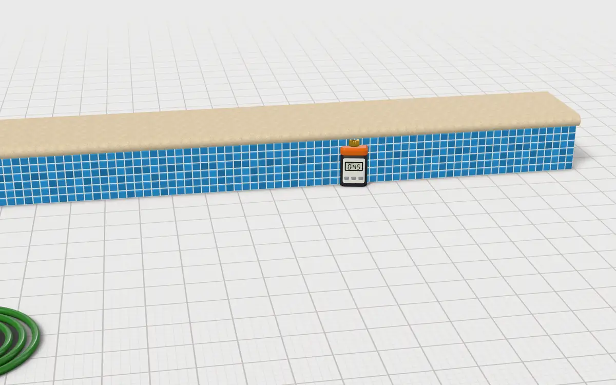Illustration of the 5 pool water levelers to scale, next to a pool-edge coping block, a coiled garden hose and a digital hose timer for size