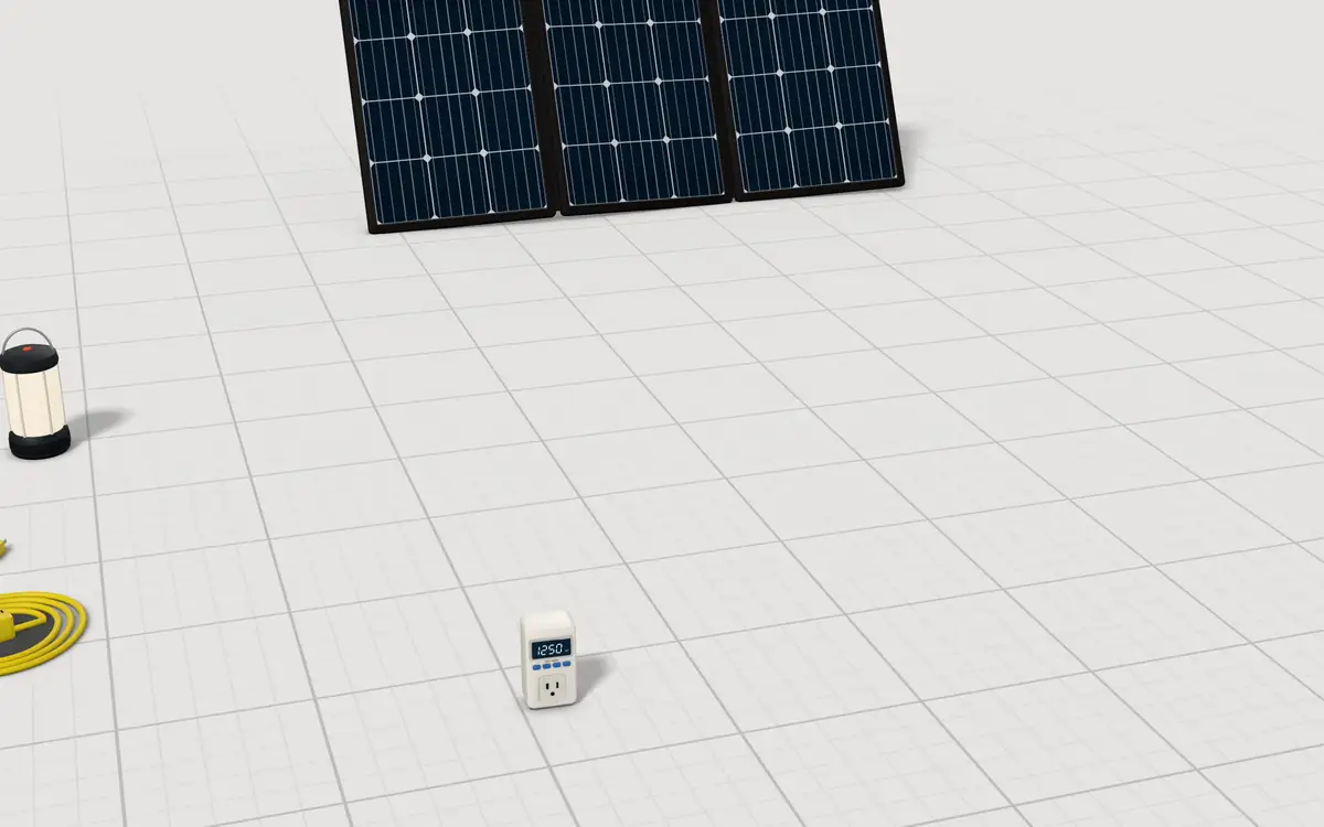 Illustration of the 5 portable power stations to scale, next to a folding solar panel behind them, a coiled extension cord, an LED camping lantern and a plug-in watt meter with a blinking display for size