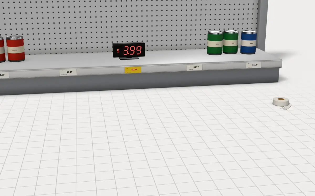 Illustration of the 5 price guns to scale, next to a store shelf with priced cans, an LED price sign and a roll of price labels for size
