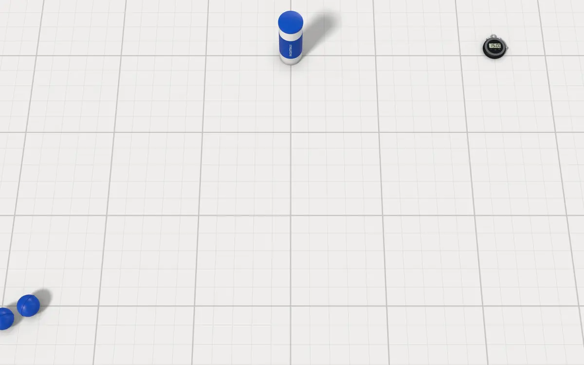 Illustration of the 5 racquetball racquets to scale, next to a stopwatch, racquetballs and a ball can for size