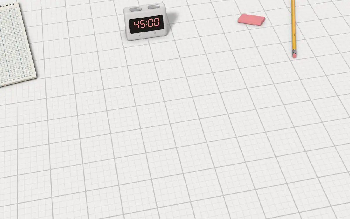 Illustration of the 5 scientific calculators to scale, next to an exam countdown timer, a graph-paper pad, a pencil and an eraser for size