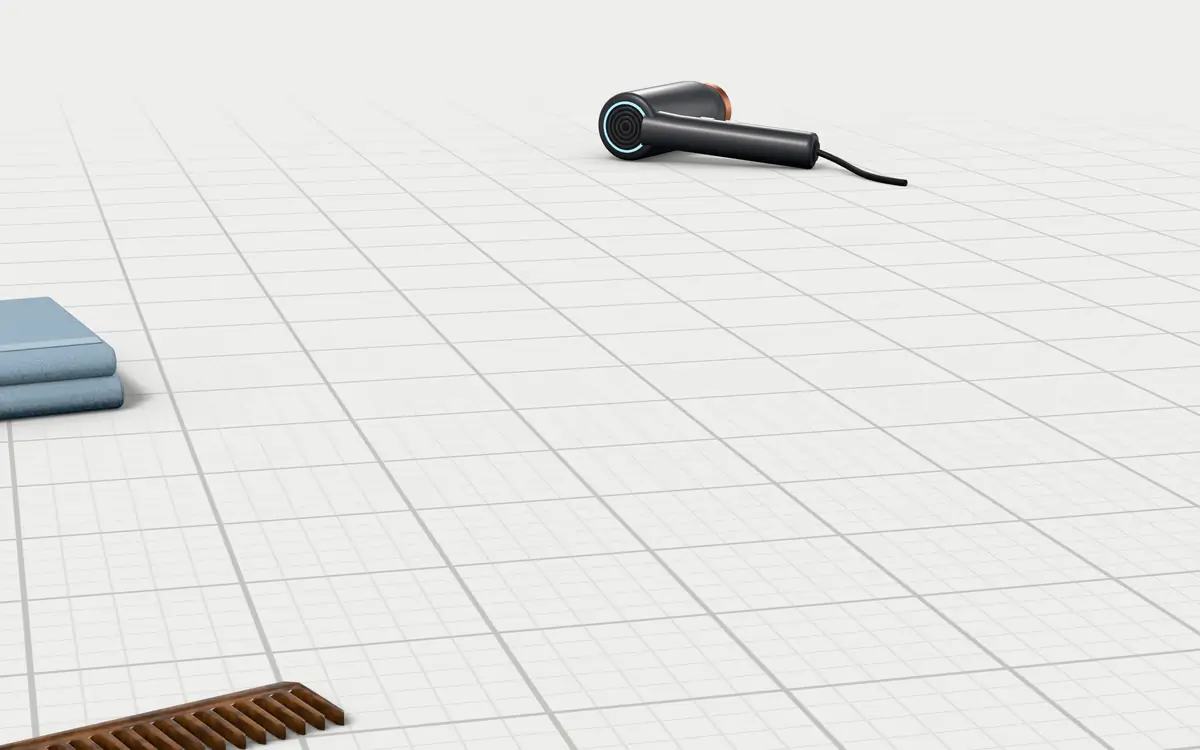 Illustration of the 5 shampoos for oily hair to scale, next to a folded towel, a hair dryer and a wide-tooth comb for size