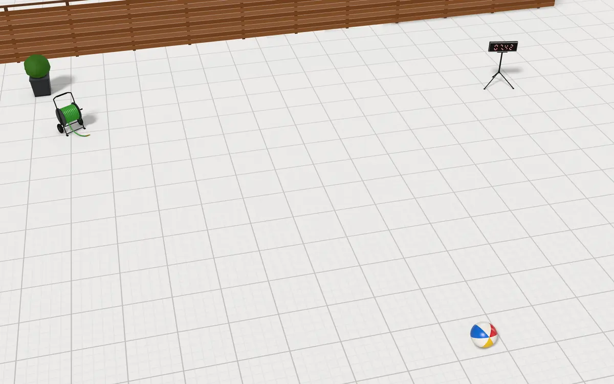 Illustration of the 5 slip 'n slides to scale, next to a race timer, a hose reel, a beach ball, an Adirondack chair, a planter and a fence for size
