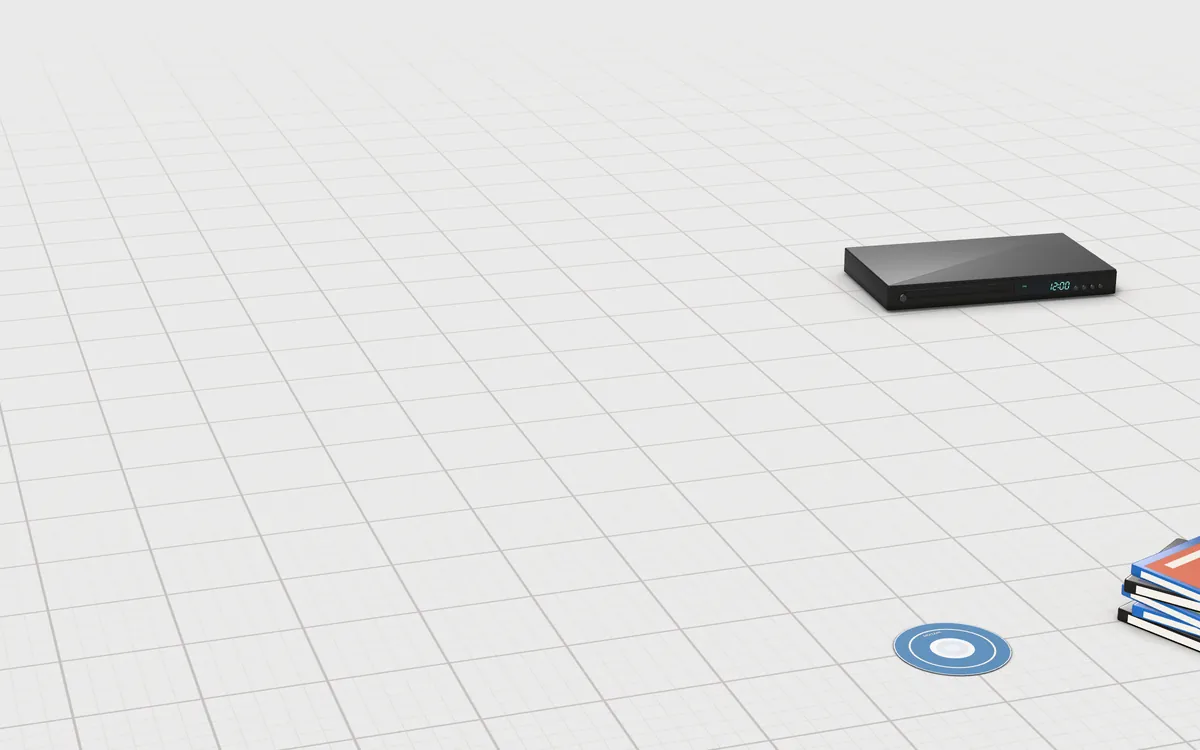 Illustration of the 5 CD and DVD binders to scale, next to a DVD player, a stack of disc cases and a loose disc for size