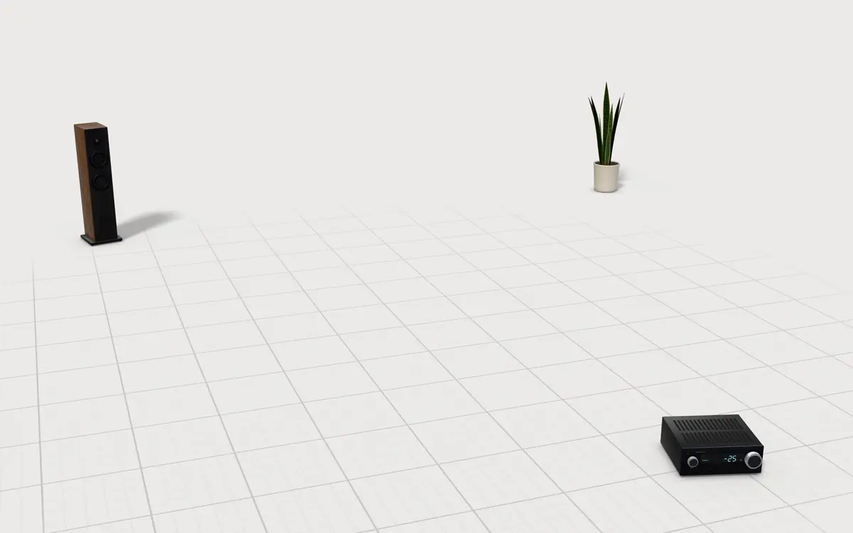 Illustration of the 5 TVs to scale, next to an AV receiver with a blinking volume display, a tower speaker and a snake plant for size