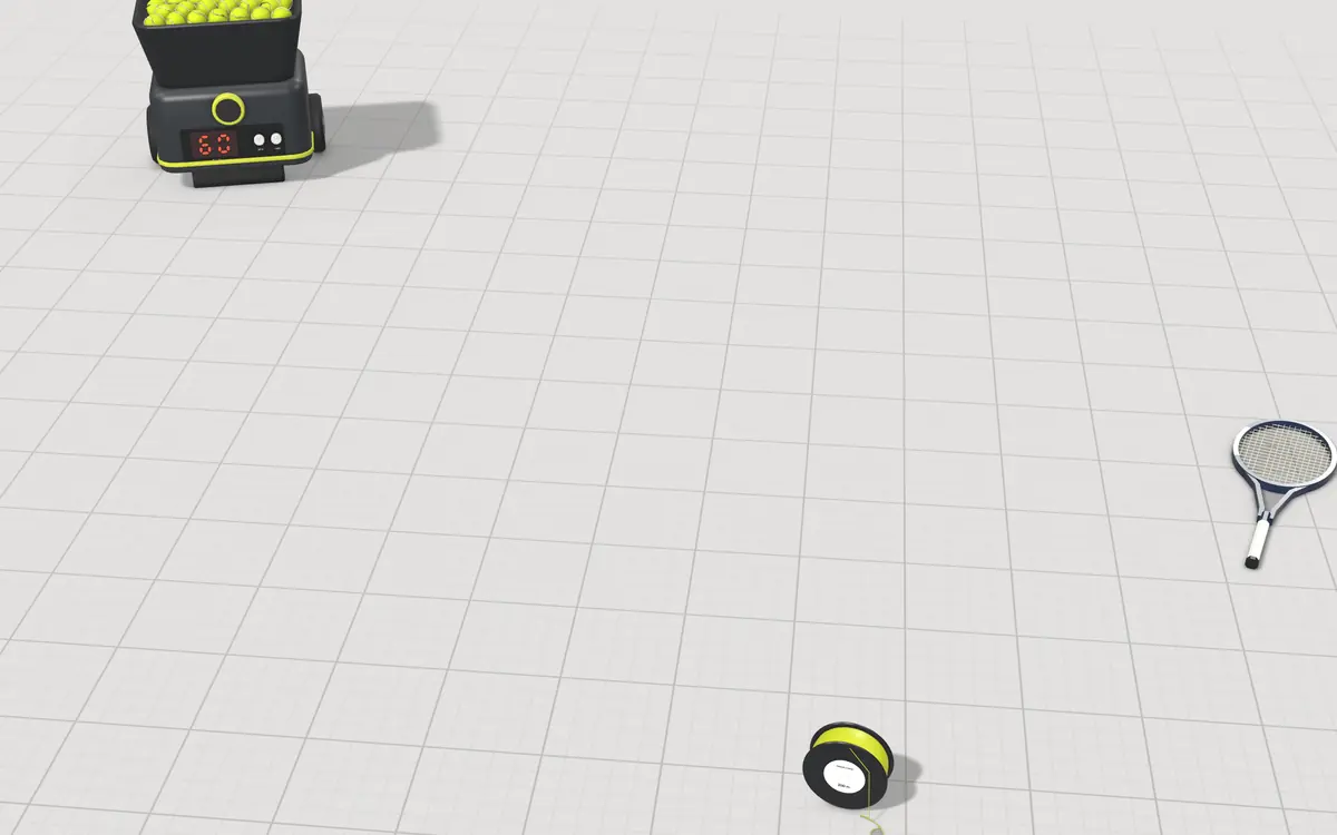 Illustration of the 5 tennis stringing machines to scale, next to a tennis ball machine, a racquet, a reel of string and tennis balls for size