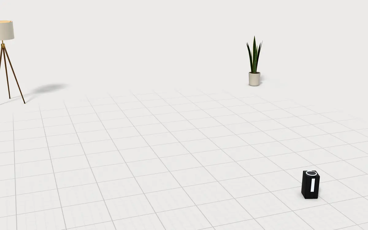Illustration of the 5 ultra-slim TVs to scale, next to a game console with a pulsing light bar, a tripod floor lamp and a snake plant for size