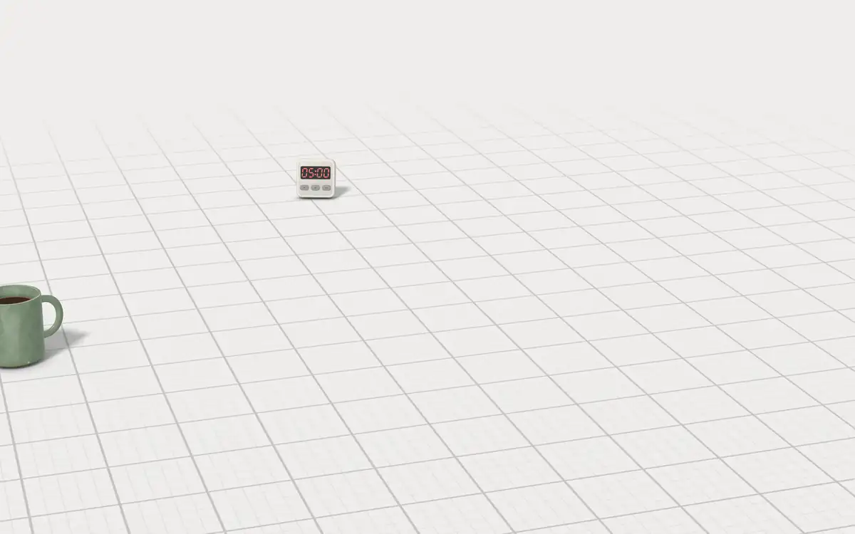 Illustration of the 5 under-cabinet radios to scale, next to a kitchen timer and a coffee mug for size