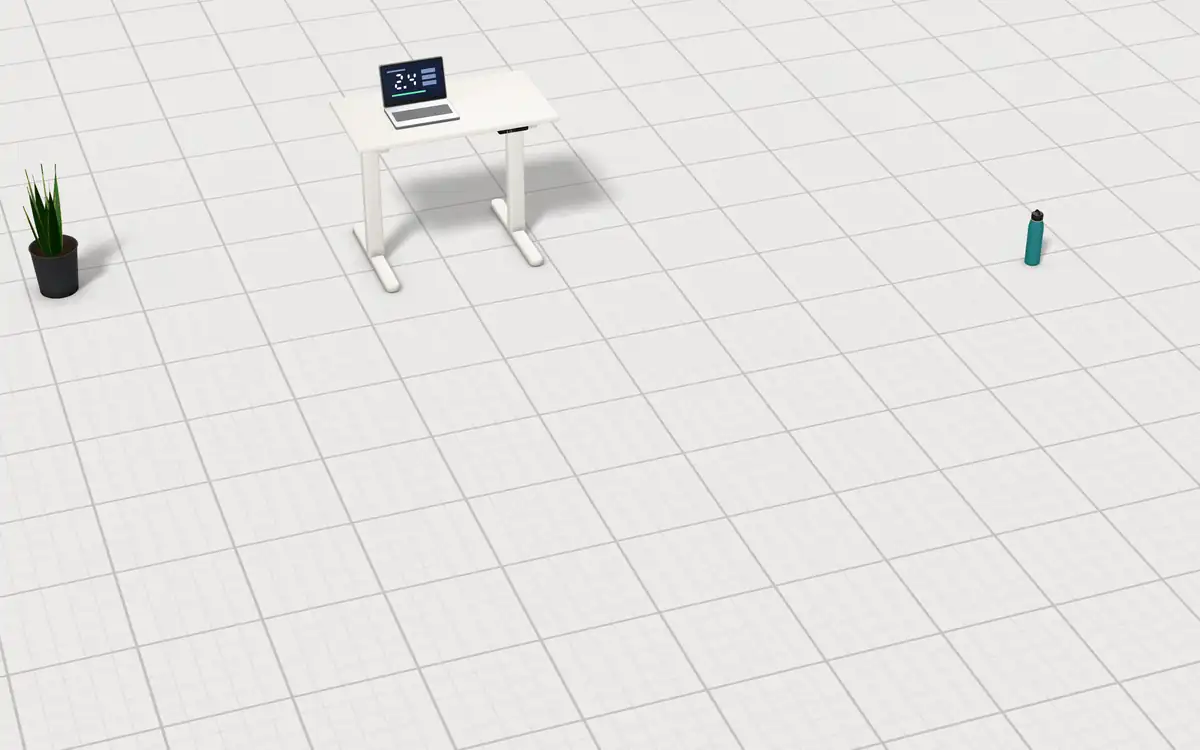 Illustration of the 5 walking pads to scale, next to a standing desk with a laptop showing a blinking speed readout, a snake plant and a water bottle for size