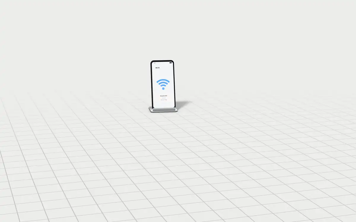 Illustration of the 5 plug-in Wi-Fi range extenders to scale, next to a phone showing its Wi-Fi connection for size
