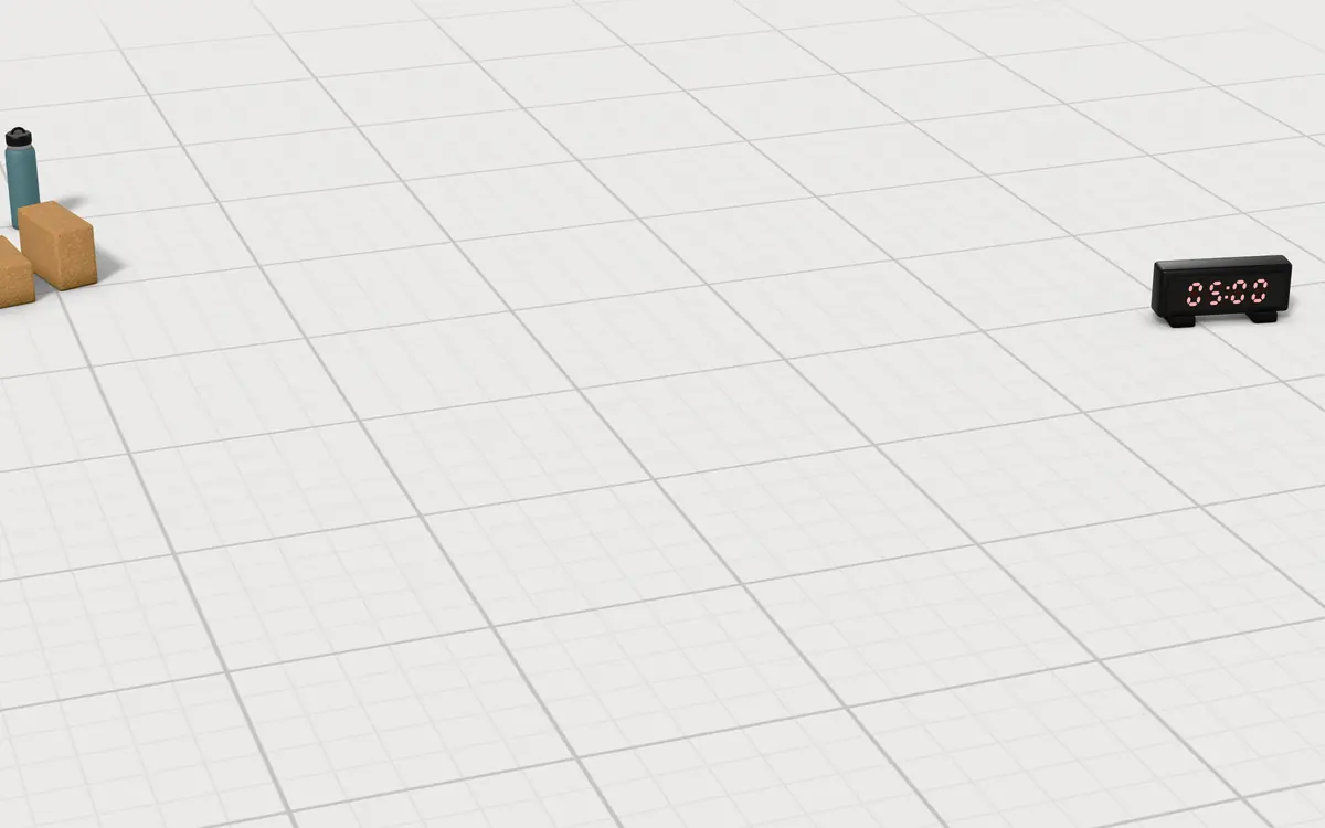 Illustration of the 5 yoga mats to scale, next to cork yoga blocks, a water bottle and a blinking interval timer for size